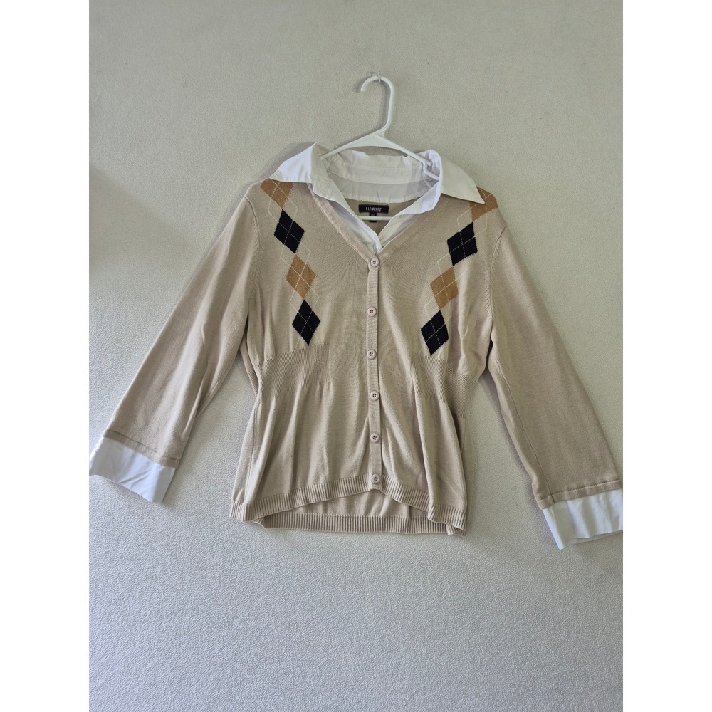 Elementz Petite Tan Argyle Layered Look Cardigan Sweater White Collar PXL